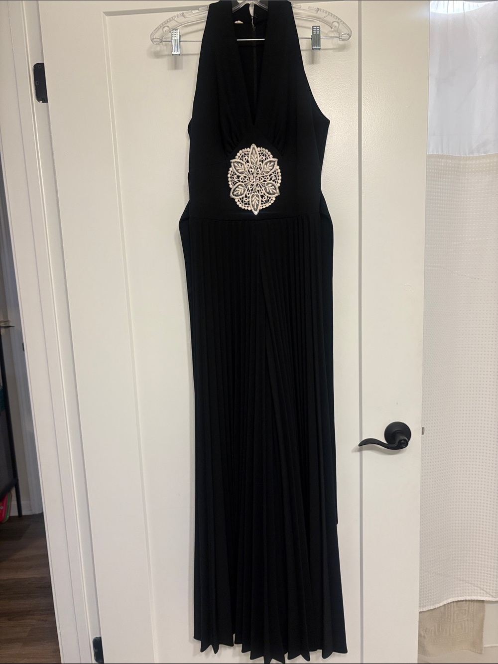 1970s Black V Neck Sleeveless Pleated Jumpsuit with Cream Rhinestone Applique